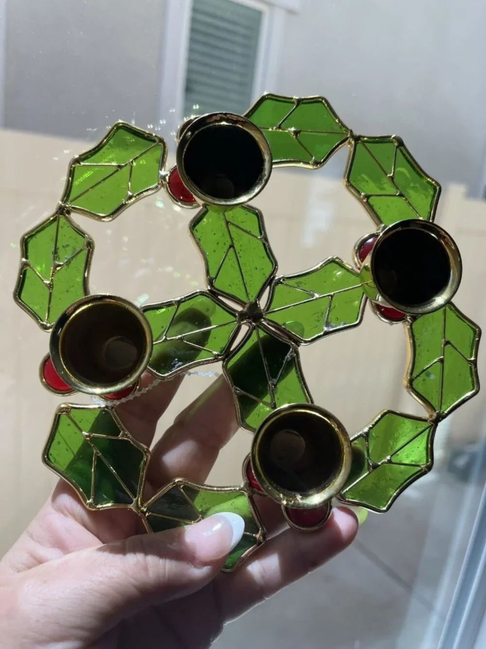 Leaded Stained Glass Holly & Berries Candle Holder Wreath Tabletop Christmas